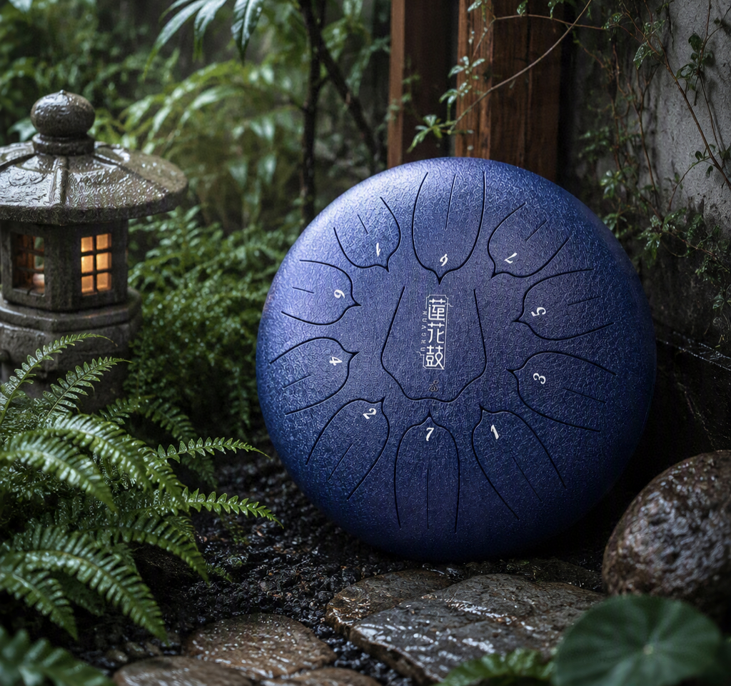 A silver steel tongue drum placed in a lush garden surrounded by tulips and greenery